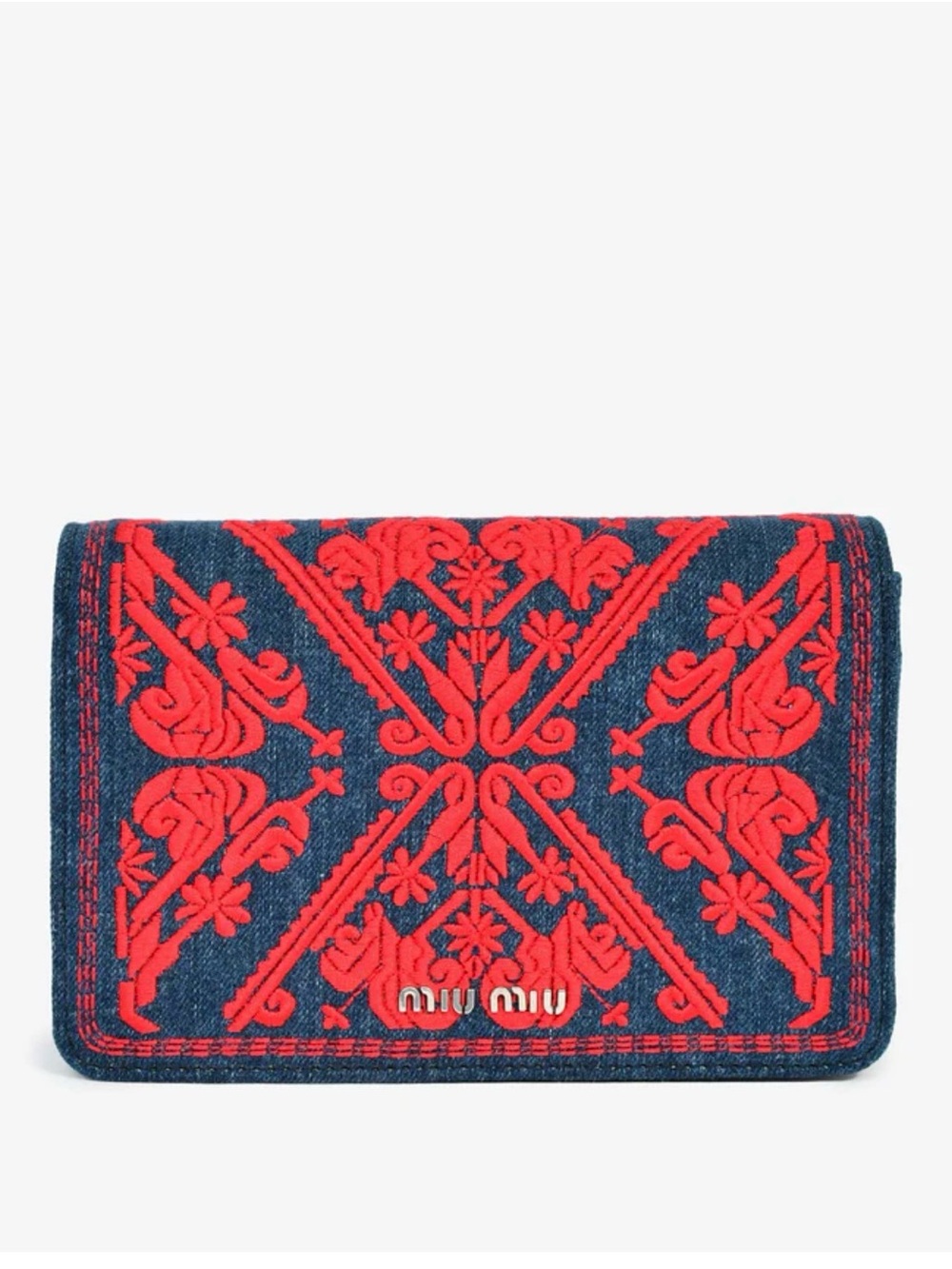 Miu Miu Blue Denim Bag with Red Embroidered Design